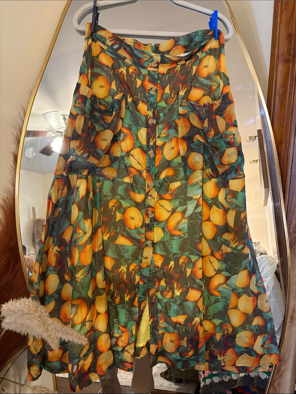 Anthropologie Orange Print Button-Front skirt